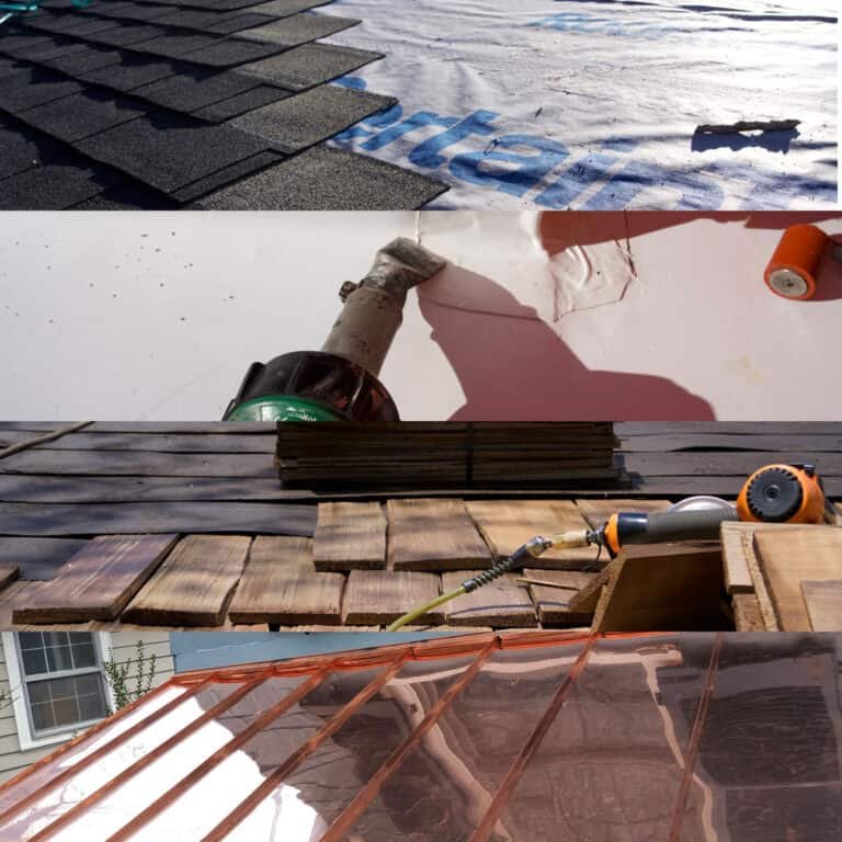 Various roofing materials and tools in use.