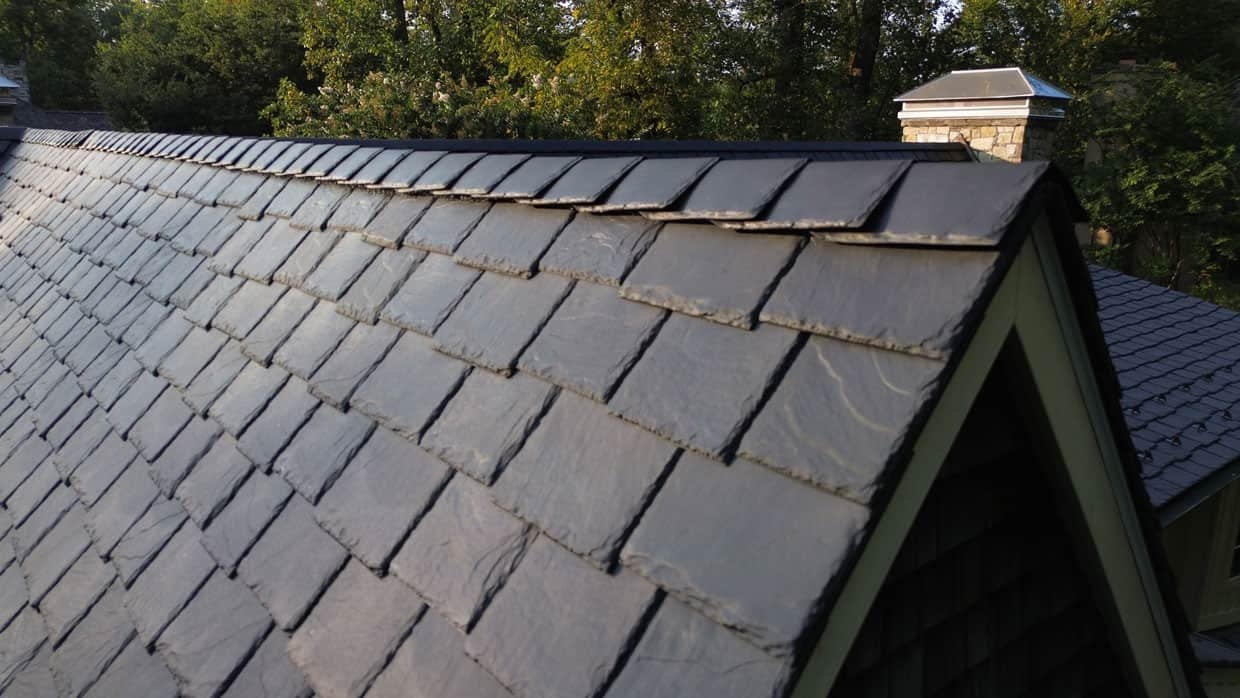 Slate roof tiles on a house.